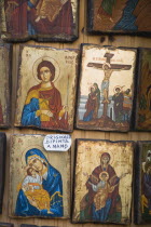 Rhodes Town.  Religious icons on sale on Odos Sokratous the main shopping street in bazaar or old Ottoman area.  UNESCO World Heritage Site.Greek islandsDodecaneseRhodesRhodosRodiAegeanMediterr...