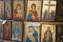 Rhodes Town.  Religious icons on sale on Odos Sokratous the main shopping street in bazaar or old Ottoman area.  UNESCO World Heritage Site.Greek islandsDodecaneseRhodesRhodosRodiAegeanMediterr...