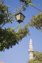 Minaret of Jaji Hasan mosque with lantern hanging from trellis part covered by climbing plant in foreground.Greek islandsDodecaneseKosAegeanMediterraneanEuroholidayarchitectureportharboursu...