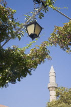 Minaret of Jaji Hasan mosque with lantern hanging from trellis part covered by climbing plant in foreground.Greek islandsDodecaneseKosAegeanMediterraneanEuroholidayarchitectureportharboursu...