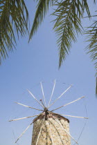 Traditional stone windmill against clear blue sky part framed by palm fronds.Greek IslandsAegeanMediterraneanKossummerseasonholidayDestination Destinations Ellada European Greek Southern Europ...