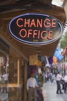 Sign for money changers in shopping area.TurkishAegeancoastresortSummersunshineearly Summer seasonholidaydestinationdestinations ElladaEuropeanSouthern Europe Destination Destinations Midd...