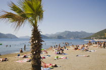 Marmaris on the Turkish Riviera in early Summer season.   Turkish holidaymakers sunbathing on town public beach in afternoon sun with palm tree in foreground and view towards coastline beyond.coastc...