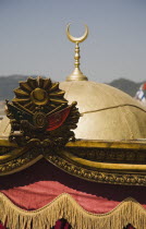 Detail of Ottoman decor on water taxi including crescent moon symbol of Islamic faith.formerly Greek Physkos in CariaTurkish RivieracoastcoastalOttomanresortholidaySummersunshinedestinationMuslimIslamicCultural Cultures Destination Destinations European Middle East Moslem Order Fellowship Guild Club Religion Religious Muslims Islam Islamic Turkiye Western Asia
