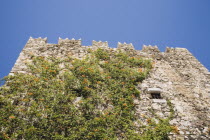 Climbing plant growing over crenellated castle walls standing against bright blue sky.formerly Greek Physkos in Caria once host to AlexandeTurkish RivieracoastcoastalOttomanholidayresortsunshi...
