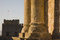 Rhodes Old Town.  View from foot of nineteenth century Turkish clock tower and former look-out post towards Archaeological museum in late afternoon sun. AegeanGreekByzantineRodilocation for Guns...