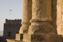 Rhodes Old Town.  View from foot of nineteenth century Turkish clock tower and former look-out post  towards Archaeological museum in late afternoon sun. AegeanGreekByzantineRodilocation for Guns...