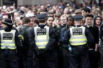 England  London  City  Threadneedle Street  Bank of England G20 Protests  April 2009. Police line of officers stopping protest marchers.European UKUnited KingdomGBGreat BritainEuropeEuropeanMee...