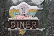 Chelsea Royal Diner signh during snow storm in winter.American North America Northern United States of America Dining Cafe Restaurant Food Eating Meal Green Mountain State New England