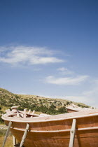 Pythagorio.  Traditional handbuilt wooden fishing boats under construction.North Eastern AegeanGreek IslandsPithagorion Pythagorioncoast coastalseaSummerpackageholidayresortvacationtripde...
