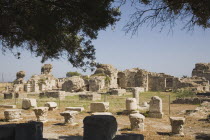 Pythagorio.  Hillside ruins part framed by overhanging branches of trees.North Eastern AegeanGreek IslandsPithagorion Pythagorioncoast coastalseaSummerpackageholidayresortvacationtripdesti...