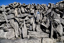 Detail of Dry Stone Wall in Limestone District.Eire European Irish Northern Europe Republic Ireland Poblacht na hEireann Karst Sedimentary Rock Blue Gray Scenic