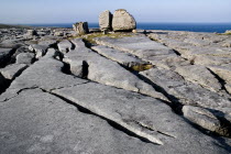 Large limestone boulder split in two surrounded by pavements and grykes.Eire European Irish Northern Europe Republic Ireland Poblacht na hEireann 2 Blue Gray Karst Sedimentary Rock Scenic