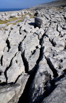 Limestone sections with grykes - Atlantic Ocean and base of Slieve Elva in distance.Eire European Irish Northern Europe Republic Ireland Poblacht na hEireann Blue Gray Karst Sedimentary Rock Scenic