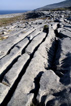 Limestone sections with grykes - Atlantic Ocean and base of Slieve Elva in distance.Eire European Irish Northern Europe Republic Ireland Poblacht na hEireann Blue Gray Karst Sedimentary Rock Scenic