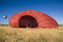 Turkey, Cappadocia, Goreme, Hot air balloons landing in a field.