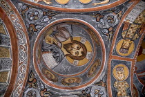 Turkey, Cappadocia, Goreme, Goreme Open Air Museum, The Dark Church, So named because it had very few windows. The frescoes date from the 11th century. Christ as Pantocrator.