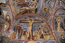 Turkey, Cappadocia, Goreme, Goreme Open Air Museum, The Dark Church, So named because it had very few windows. The frescoes date from the 11th century. Crucifixion scene, The church was used as a pige...