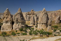 Turkey, Cappadocia, Goreme, Sword Valley, The valley got its name because of all the sharp pinnacles to be found there. Horse Riders on Horseback.