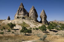 Turkey, Cappadocia, Goreme, Sword Valley, The valley got its name because of all the sharp pinnacles to be found there. The hilltop town of Uchisar can be seen in the background.