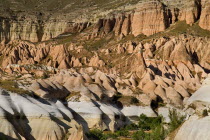 Turkey, Cappadocia, Goreme, Rose and Red Valleys, The Church of the Three Crosses sitting amidst the rocks.