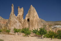 Turkey, Cappadocia, Goreme, Rose Valley, dovecote amidst the agricultural fields .