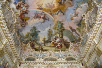Germany, Bavaria, Munich, Nymphenburg Palace, Steinerner Saal, The Stone or Great Hall with painted decorative ceiling.