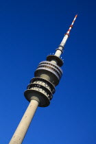 Germany, Bavaria, Munich, Olympic Tower, Olympiaturm, Surrounded by the architecture of the stadium.