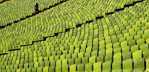 Germany, Bavaria, Munich, Olympic Stadium, Olympiastadion, Built as the main venue for the 1972 Summer Olympics, Green seat pattern.