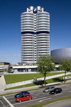 Germany, Bavaria, Munich, BMW Headquarters, The BMW Tower is 101 metres tall and mimics the shape of tyres.