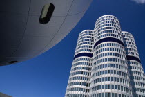 Germany, Bavaria, Munich, BMW Headquarters, The BMW Tower is 101 metres tall and mimics the shape of tyres.