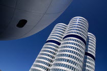 Germany, Bavaria, Munich, BMW Headquarters, The BMW Tower is 101 metres tall and mimics the shape of tyres.