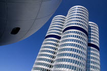 Germany, Bavaria, Munich, BMW Headquarters, The BMW Tower is 101 metres tall and mimics the shape of tyres.