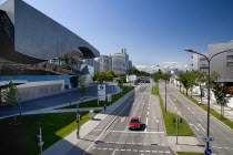 Germany, Bavaria, Munich, BMW Welt, World, on left, This is a BMW showroom across the road from HQ.