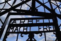 Germany, Bavaria, Munich, Dachau World War II Nazi Concentration Camp Memorial Site, Arbeit Macht Frei slogan on the gate means Freedom through Work.