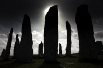 Silhoetted Callanish Standing Stone Circle.European Standing stonesstone circleancientmystic Alba Blue Gray Great Britain History Historic Northern Europe UK United Kingdom