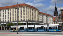 Altmarkt  View across square with newly reconstructed buildings. Electric Tram passing by.Destination Destinations Deutschland European History Holidaymakers Sachsen Tourism Tourist Western Europe Sa...