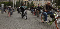 Albertplatz  Cyclists riding dragster style bicycles.Destination Destinations Deutschland European History Holidaymakers Sachsen Tourism Tourist Western Europe Saxony Sightseeing Tourists History His...