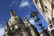 Nuemarkt  Dresdner Frauenkirche church of Our Lady. Lutheran Church bombed in 1945 and rebuilt using original and new stones. Re-opened in 2005.Destination Destinations Deutschland European History H...