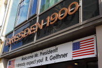 Neumarkt  Restaurant 1900 with banner to welcome US President Barack Obama.Destination Destinations Deutschland European History Holidaymakers Sachsen Tourism Tourist Western Europe Saxony Sightseein...