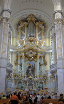 Nuemarkt  Dresdner Frauenkirche church of Our Lady interior showing altar and organ. Lutheran Church bombed in 1945 and rebuilt using original and new stones. Re-opened in 2005.Destination Destinatio...