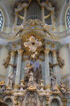 Nuemarkt  Dresdner Frauenkirche church of Our Lady interior showing altar and organ. Lutheran Church bombed in 1945 and rebuilt using original and new stones. Re-opened in 2005.Destination Destinatio...