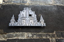 Nuemarkt  Dresdner Frauenkirche church of Our Lady. Metal plaque on stone outside the rebuilt church. Lutheran Church bombed in 1945 and rebuilt using original and new stones. Re-opened in 2005.Desti...