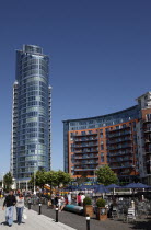 Gun Wharf Quay.Gun Wharf Quay. Gun Wharf Quay. Canalside with No 1 the apartment block tower.Gunwharf Blue European Great Britain Holidaymakers Northern Europe Tourism Tourist UK United Kingdom Briti...