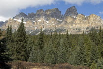 Canada, Alberta, Banff National Park, Castle Mountain a castellate formation of horizontal layers and verticle towers.