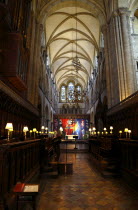 England, West Sussex, Chichester, Interior of the Cathedral, Area where the choir sit underneath the organ.