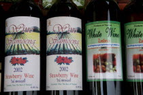 Thailand, Chiang Mai, Samoeng, Close up of locally produced strawberry wine bottle labels.
