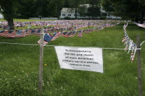 USA, Vermont, Newfane, Iraqi War Memorial made of American flags with sign acknowledging the life and death of each American military service person killed in Iraq.