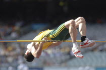 Sport, Athletics, high Jump, High Jumper doing the Fosbury FLop, Commonwealth Games Melbourne, Australia 2006.