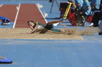 Sport, Athletics, Long Jump, Australia's John Thornell in mid leap. 2006 Commonwealth Games in Melbourne Australia.